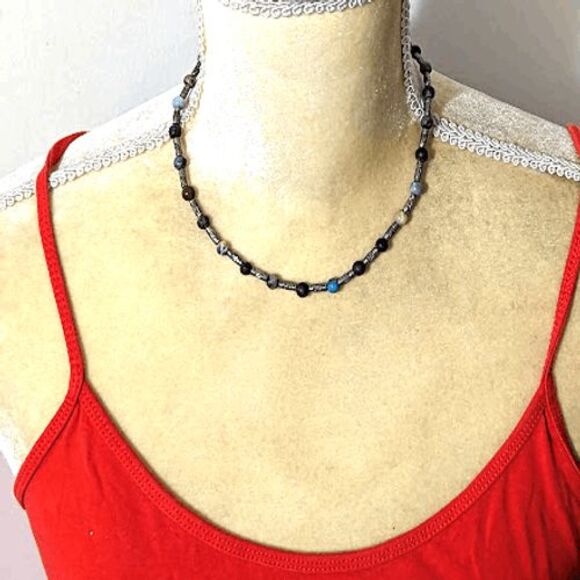 Natural stone beaded necklace handmade 18" lobster clasp teal brown tones - Picture 2 of 3